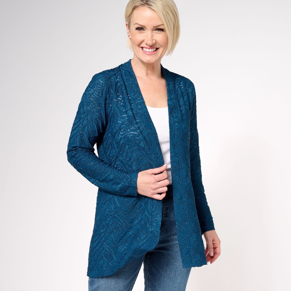Susan Graver OCCASIONS Novelty Knit Cardigan in Granite Blue Size XXS